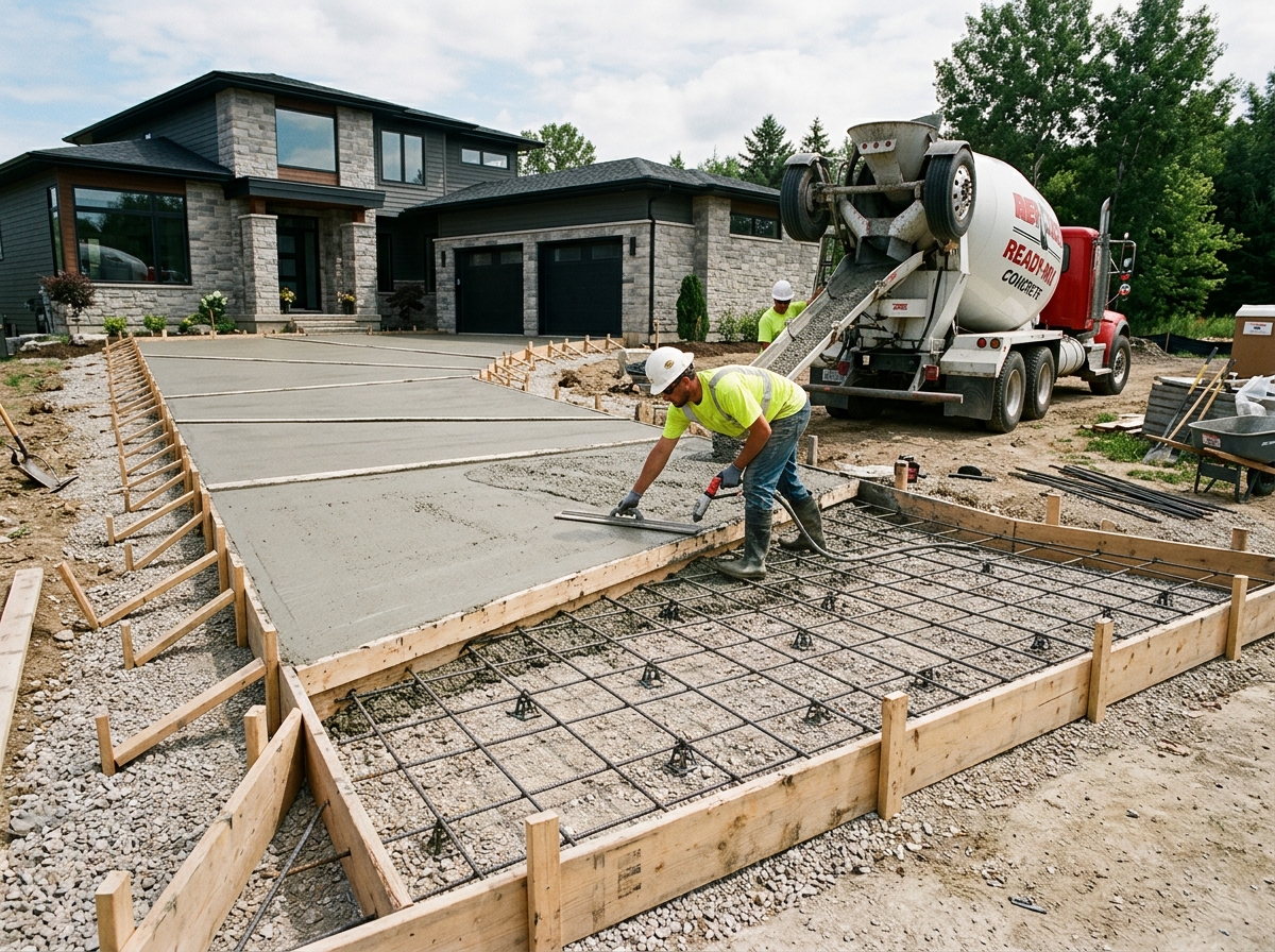 Commercial concrete driveway pour with rebar grid