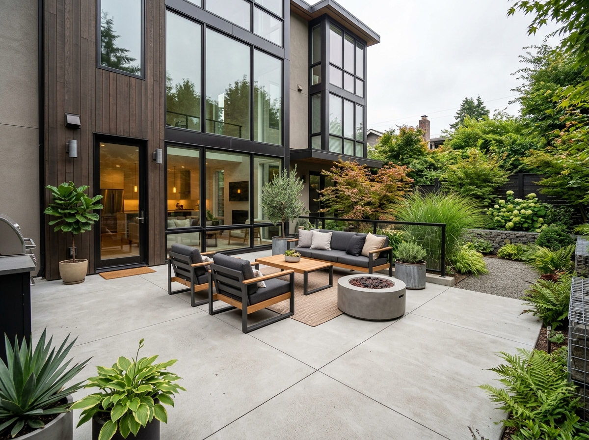 Architectural backyard concrete patio with smooth flatwork