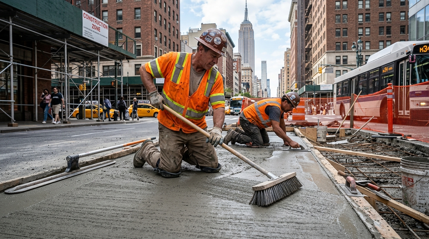 NYC sidewalk concrete finishing with broom and bull float in Manhattan